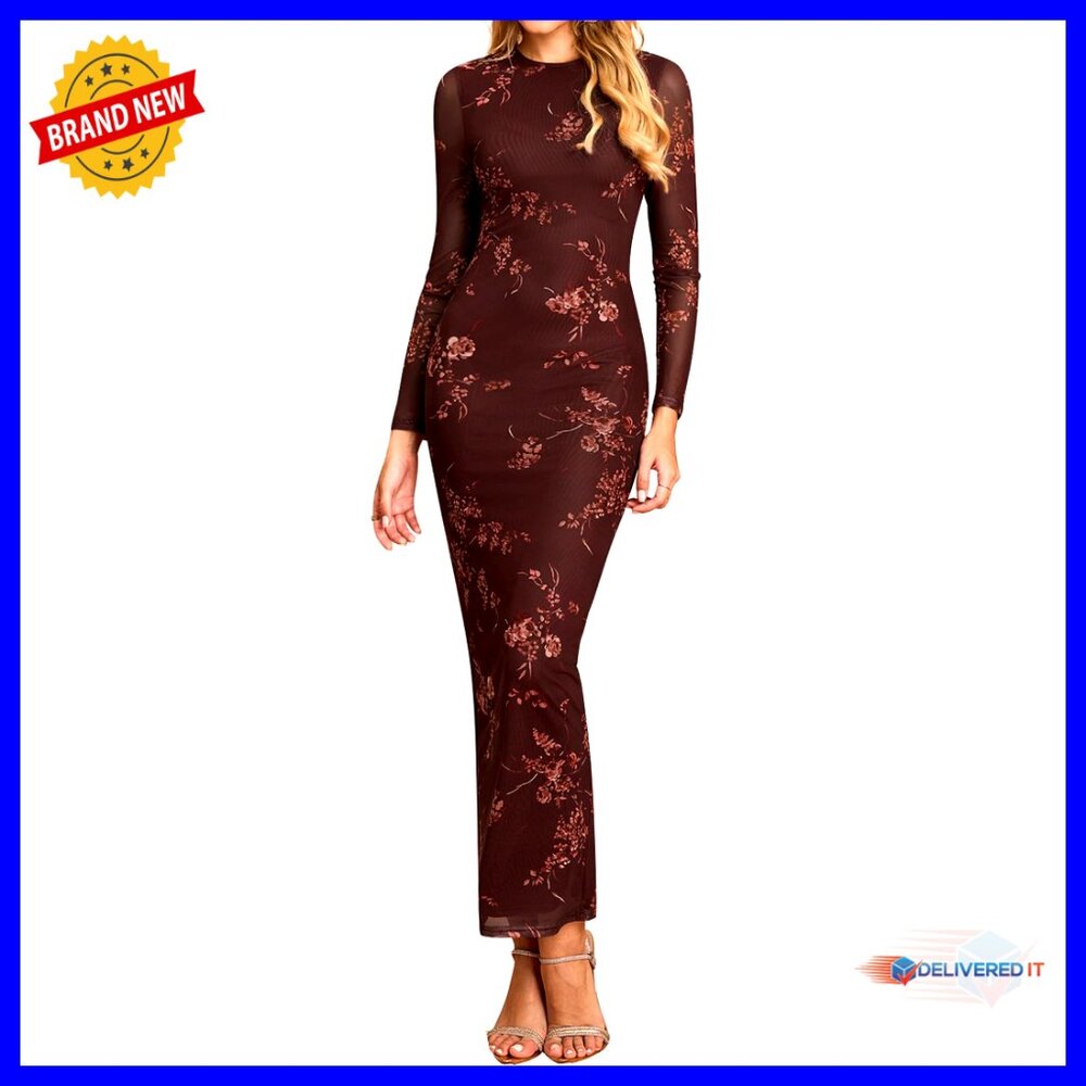 Long Sleeve Floral Maxi Dress Bodycon Formal Mesh Wedding Guest